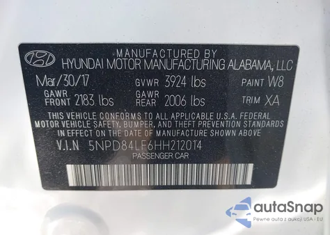 2017 Hyundai Elantra Value Edition z USA, uszkodzony, nr VIN 5NPD84LF6HH212014